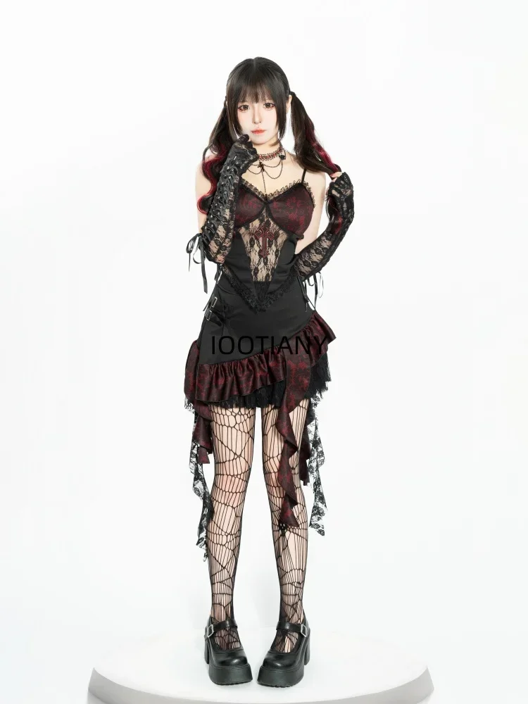 CosplayHalloween موضة مثير فتاة سوداء الصليب الحمالة الأعلى غير النظامية تنورة هيم أداء الرقص فستان بتصميم حالم شقيقة زي N