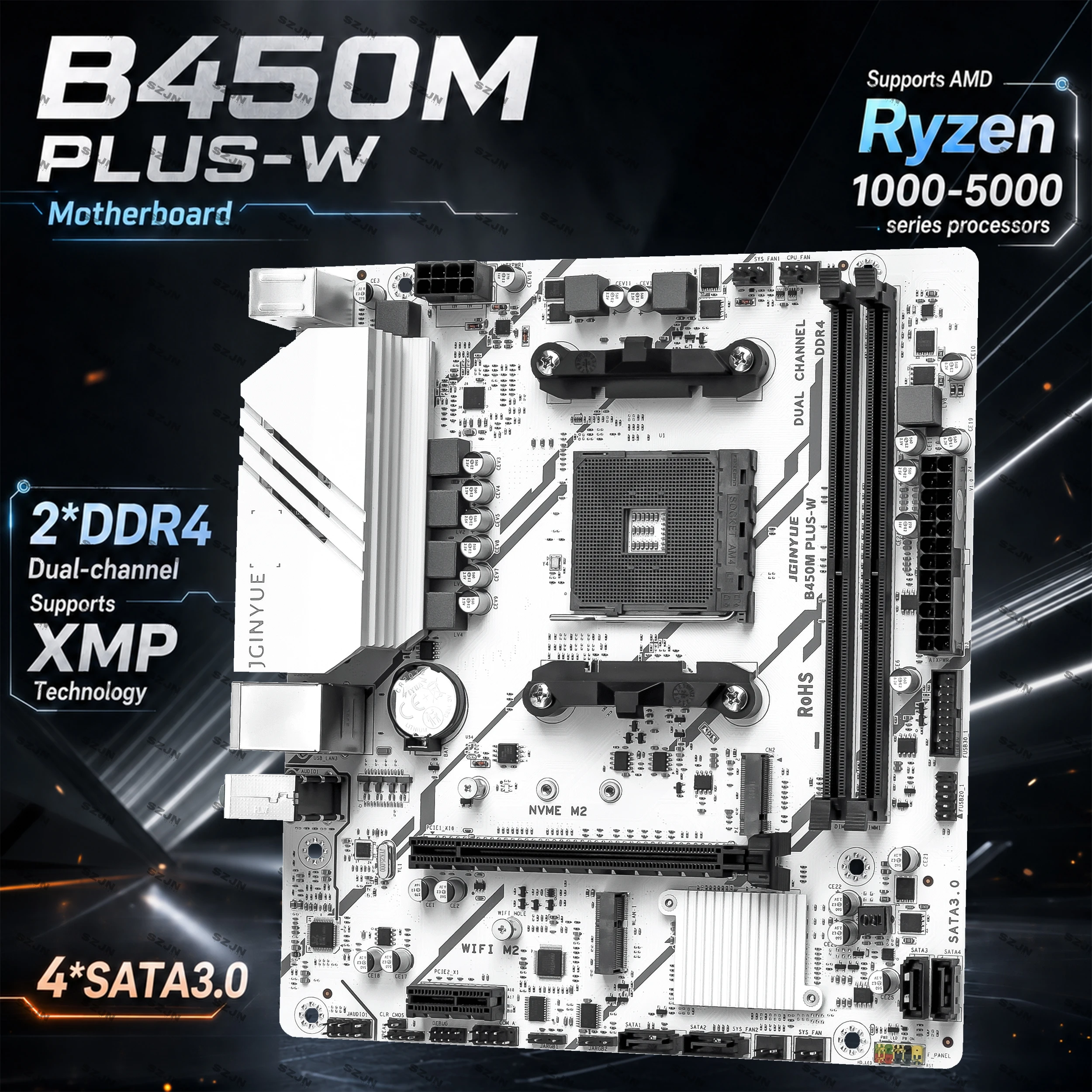 JGINYUE B450M PLUS-W Motherboard Kit With Ryzen CPU DDR4 RAM Combo AM4 B450M Mainboard Set M.2 NVMe SATA3.0 Gaming PC DIY Kit
