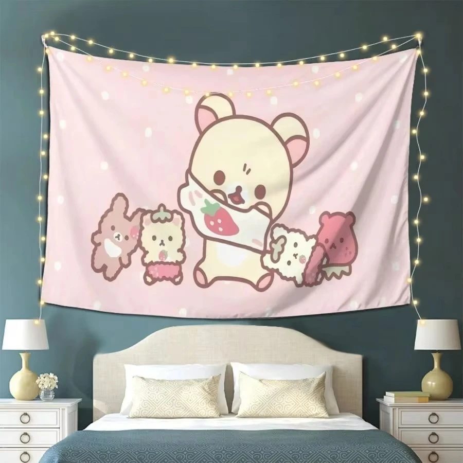 Kawaii  Bear Tapestry - Pink Polka Dot Cute Animal 2D Print Wall Hanging for Bedroom Decor Gift