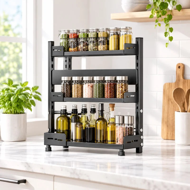 3-Tier Black Metal Spice Rack, Adjustable Kitchen Seasoning Bottle Display Holder for Countertop & Cabinet