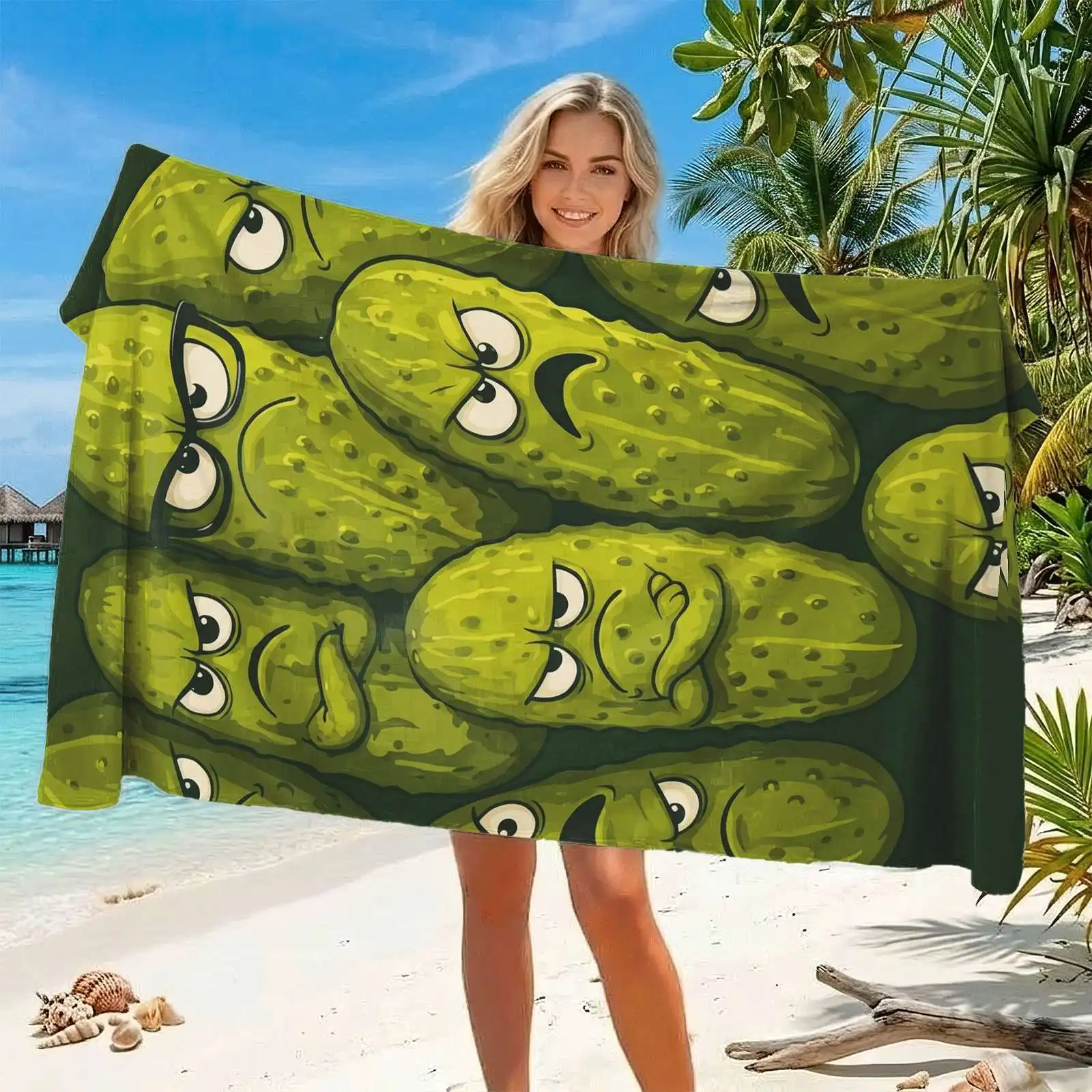 Funny Cartoon Expressive Pickle Cucumber Repeat Print Beach Towel Novelty Food Pattern Quick Dry Towel For Casual Summer Pool