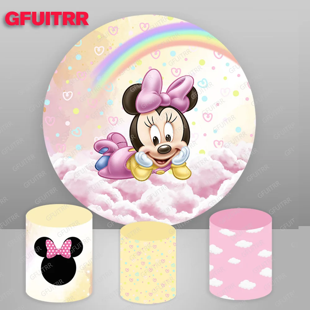 Minnie Mouse Round Background Girls Birthday Party Circle Baby Shower Photography Backdrop Cylinder Cover Booth Props