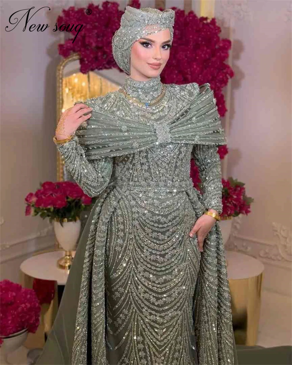 

Arabic Muslim Long Sleeves Evening Dresses With Detachable Skirt Luxury Sage Green Beading Wedding Party Gowns Customized Prom
