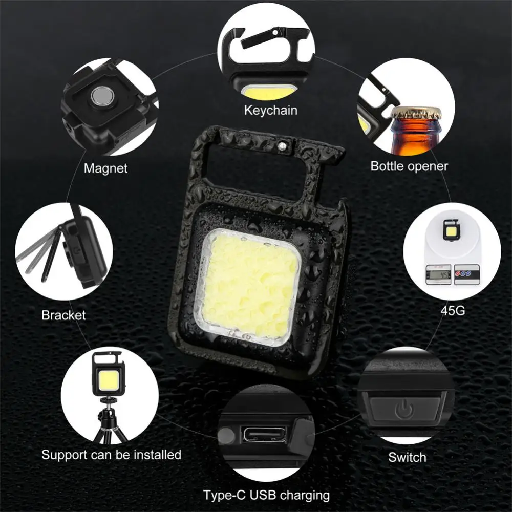 Mini LED Light COB Lamp Keychain Light Mutifuction Portable USB Rechargeable Pocket Work Light Outdoor Camping Fishing Climbing