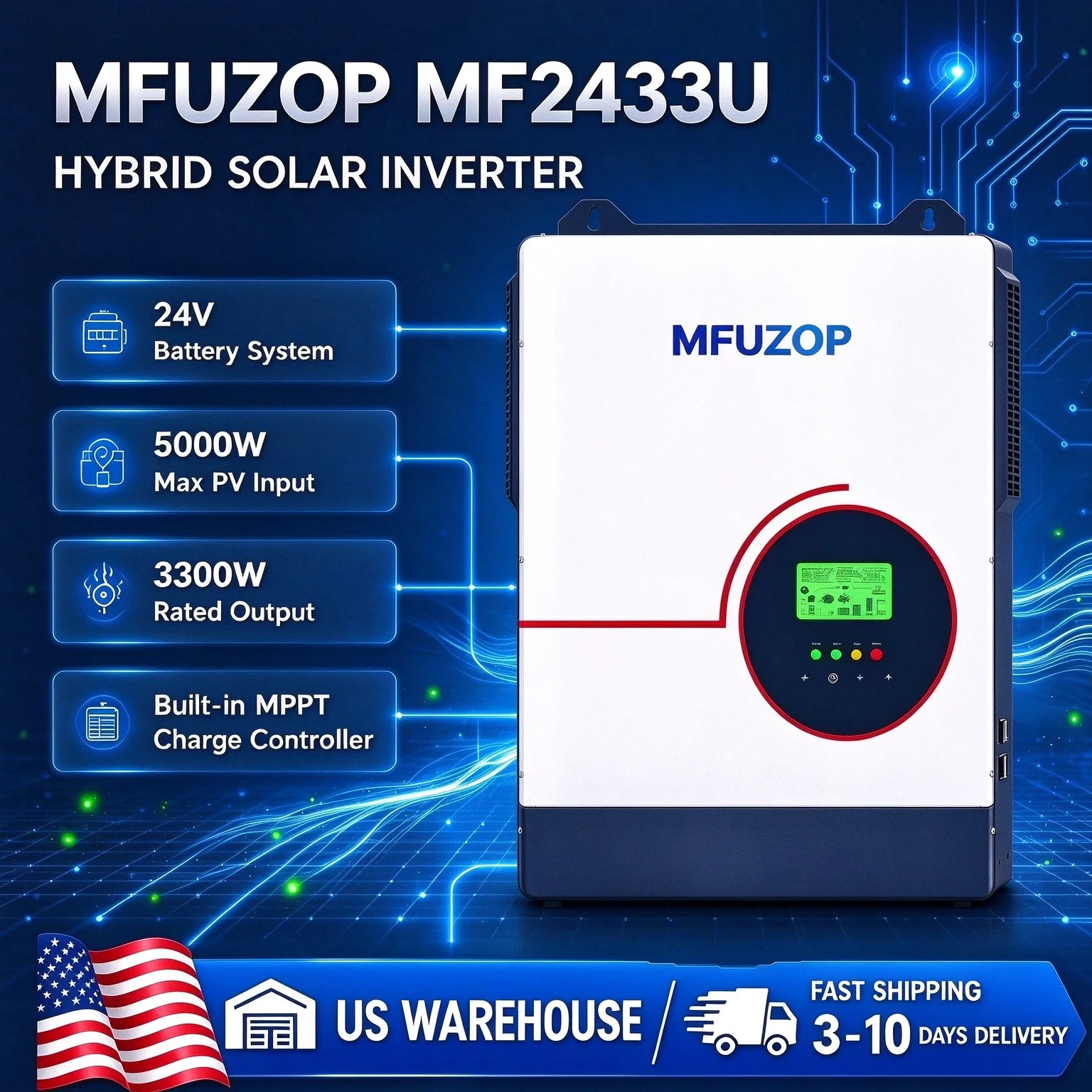 MFUZOP 3300W 24V Off-Grid Solar Inverter, 5000W Photovoltaic Input, 120A Maximum Power Point Tracking (MPPT) Solar Charger, Suitable for Household, RV and Other Scenarios