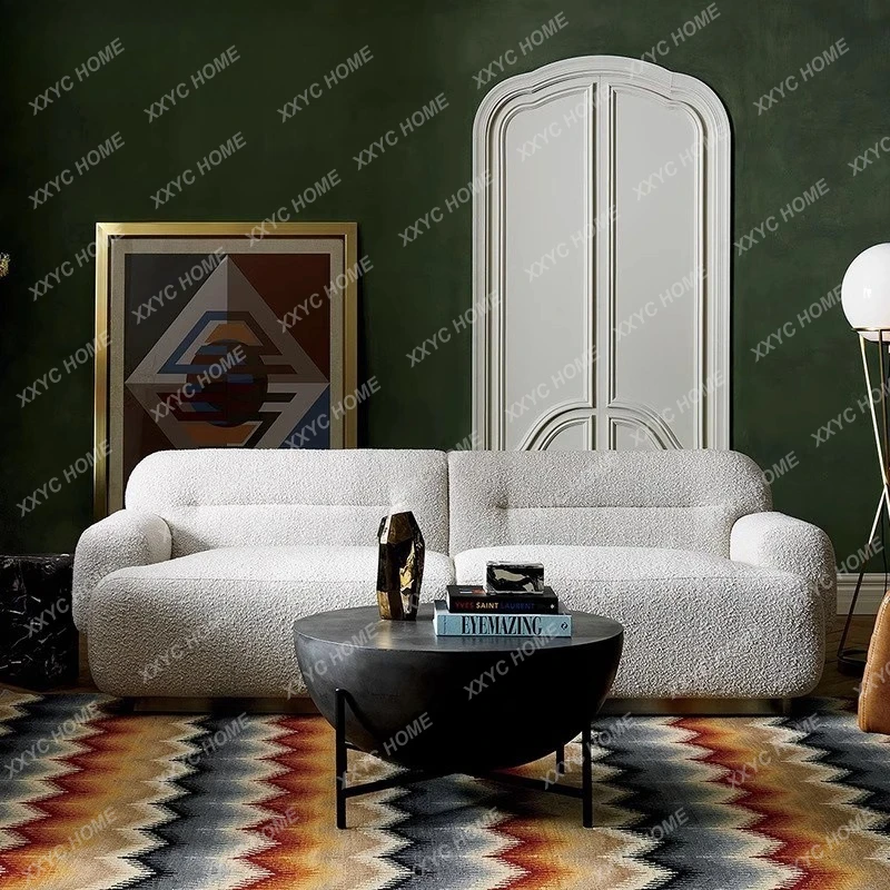 LXWhite cream style lamb wool fabric sofa new light luxury minimalist small apartment living room double sofa