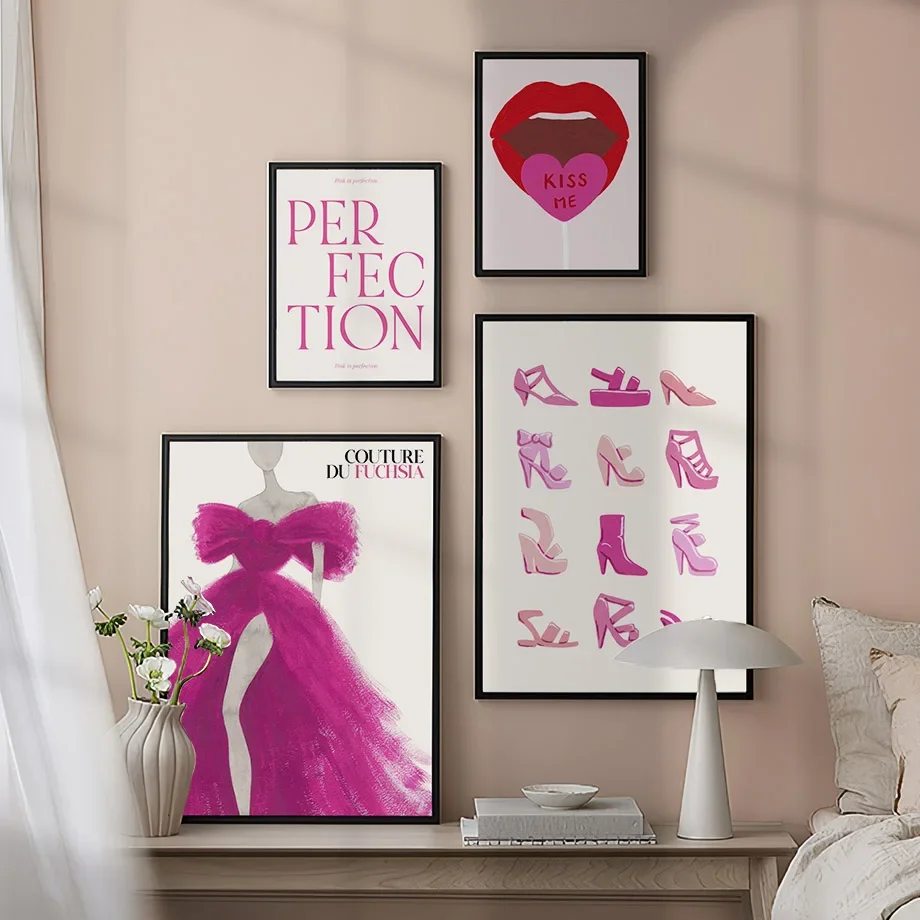 

Fashion Pink Dress Girl Red Heart Kiss High Heel Watercolor Wall Art Living Room Decor Poster And Prints Canvas Painting Picture