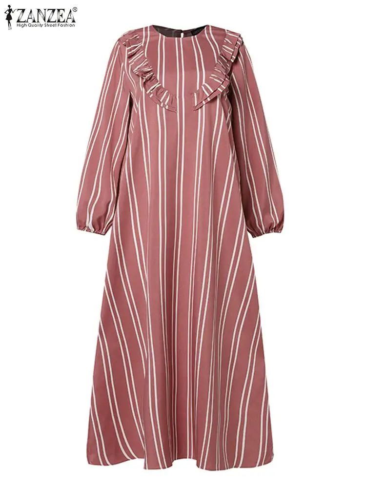 ZANZEA Islamic Muslim Fashion Maxi Dress 2024 Autumn Striped Long Sleeve Ruffles Long Vestidos Women Casual O Neck Abaya Robes