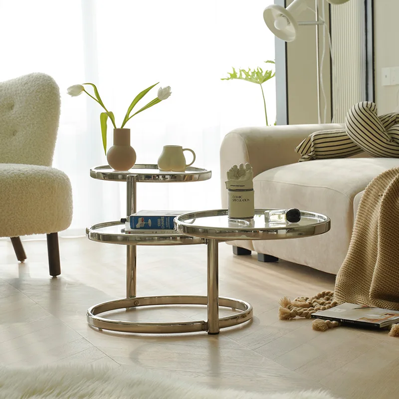 Nordic household small apartment designer living room tea table stainless steel round rotating glass coffee table