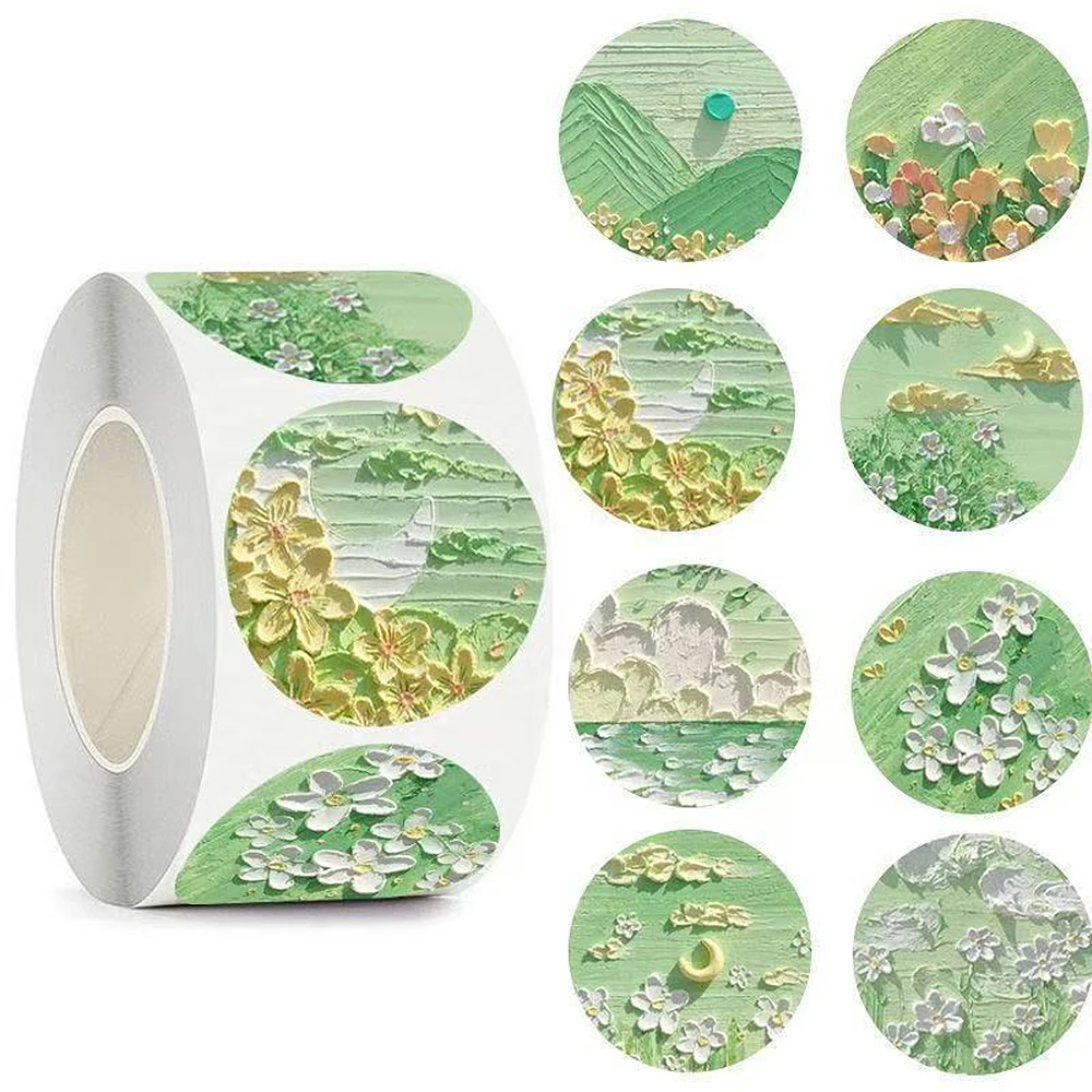 500 Stück/Rolle Grüne Ölgemälde-Landschaften Blumen-Aufkleber im Ins-Stil Ästhetische Deko-Sticker für Laptop, Handy, Gitarre