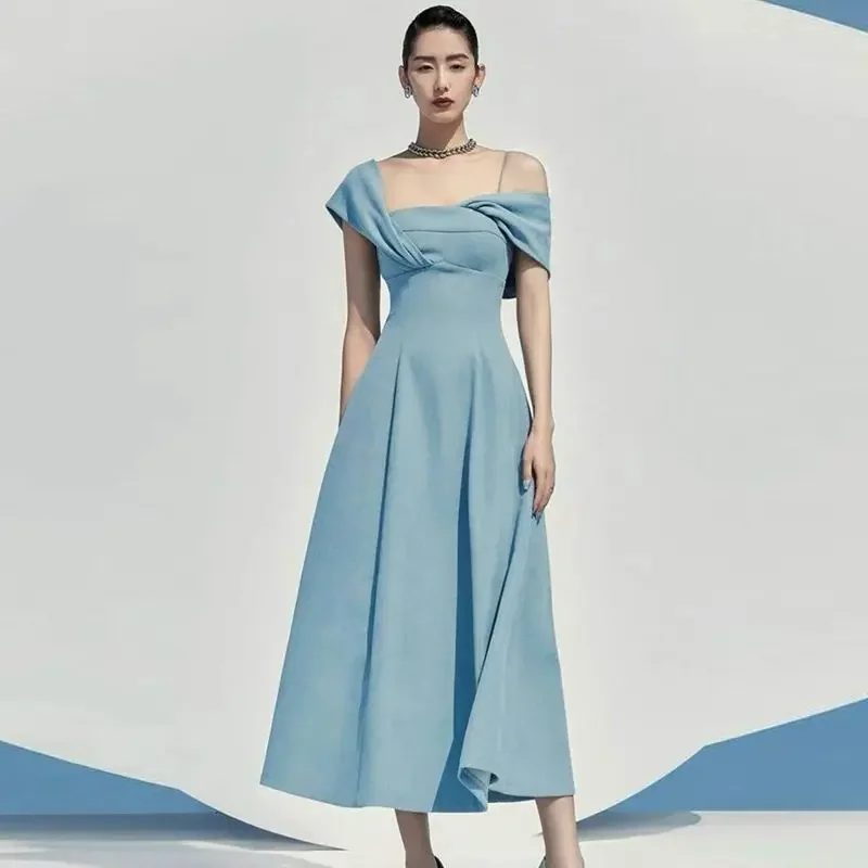 

High Quality Runway Autumn Blue Party Dress Elegant Women Asymmetry Diagonal Collar Short Sleeve Female Slim Waist Long Vestidos