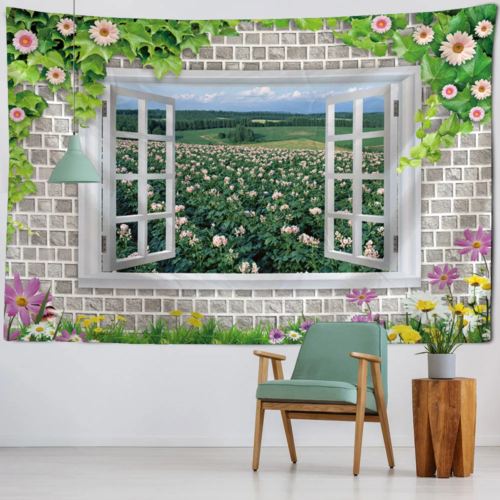 Imitation window landscape tapestry, used for living room and bedroom decoration, Bohemian home floral wall background cloth