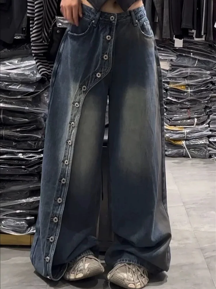 

Американские винтажные джинсы с пуговицами для женщин, осенние, новые, с высокой талией, драпированные, широкие штанины, длиной в пол