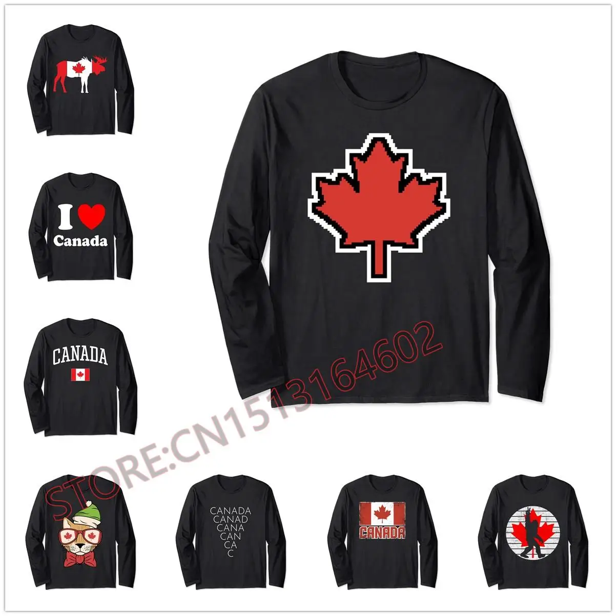 Pixel Canada Flag Leaf Canadian Pride Video Gamer Long Sleeve T Shirt Men Women Unisex T-Shirt LS Tops 100% Cotton Tees