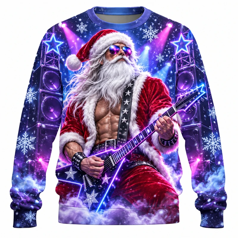 Muscular Rock Santa Guitar Unisex 3D Print Ugly Christmas Sweatshirt Long Sleeve Pullover New Fall  Holiday Y2k Tops
