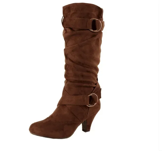 Damen Vintage Wildleder Kniestiefel mit Runder Zehenkappe und Stiletto-Absatz, Western-Cowboy-Stil, für den Alltag, Modische Wadenstiefel – Detail 3