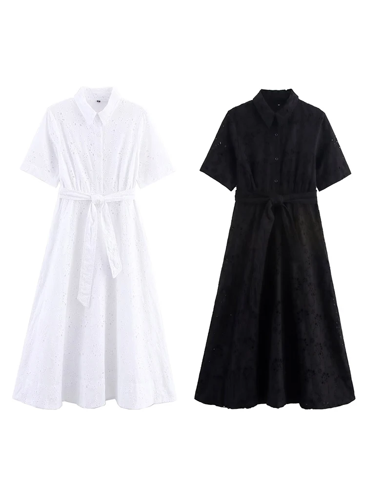 

HH Women's New Fashion Lapel Belt Embroidery Hollow Out Design Dress Female Single-Breasted Zipper 2-Color Casual Midi Dress