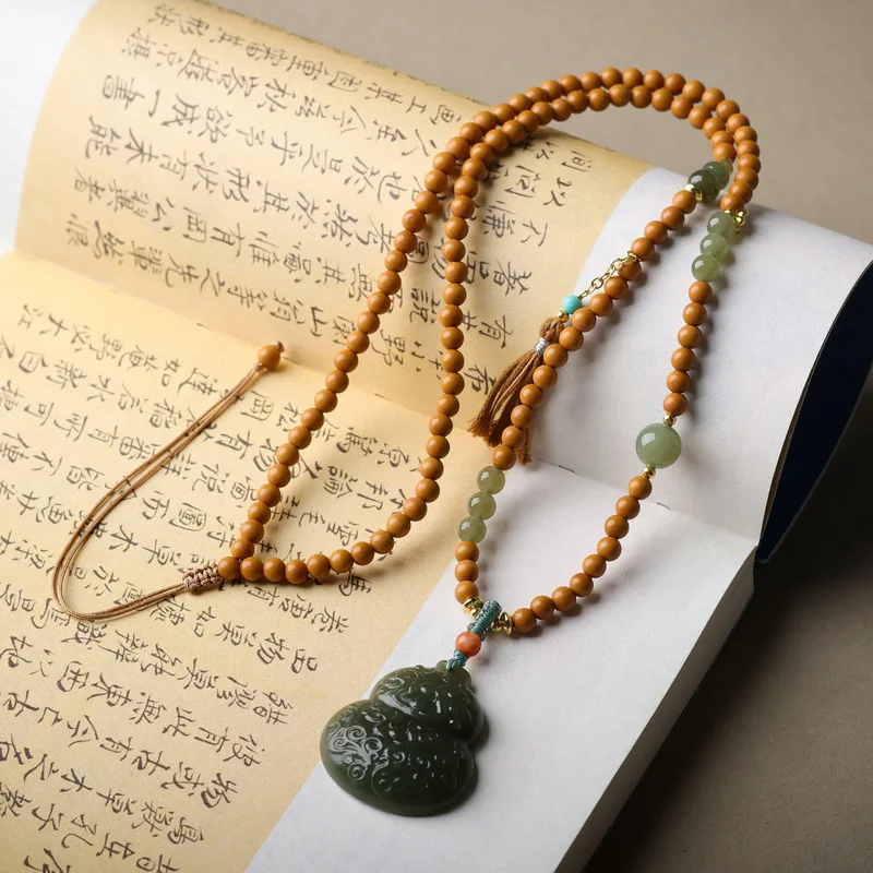 Original natural Hetian jade gourd, hand-woven necklace olive pit pendant new Chinese-style sweater chain