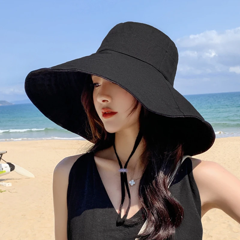 Chapeau de soleil de voyage pliable à grand bord pour femmes, chapeau de printemps et d\'été, chapeau de soleil solide, chapeau de poisson
