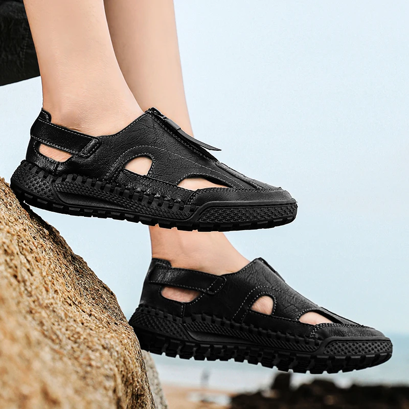 2025 Summer hot sale Sewn sandal for man black outdoor mens casual big size shoes traveling sandals zipper beach walking shoes