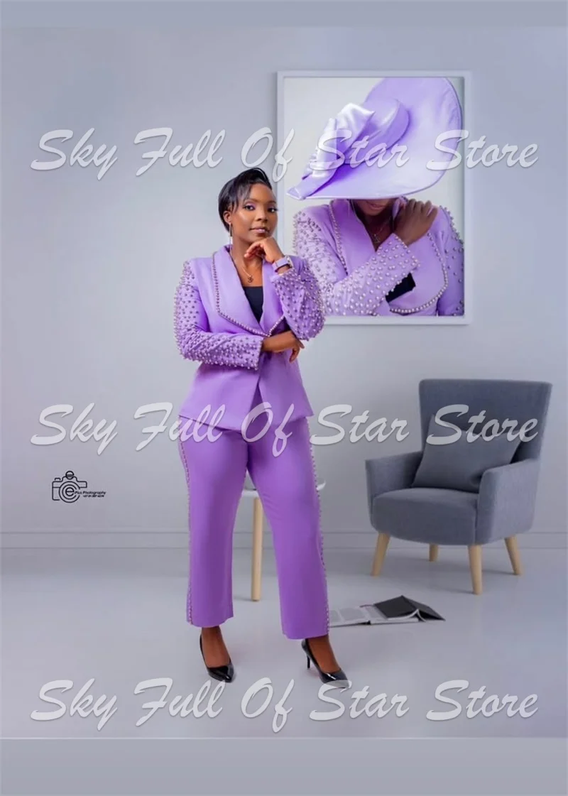 Lilac Pearl Rhinestone Women Suit Set 2 Pcs Lapel Trim Blazer+Cropped Flare Pants Elegant Formal Wedding Guest Evening Lady Coat