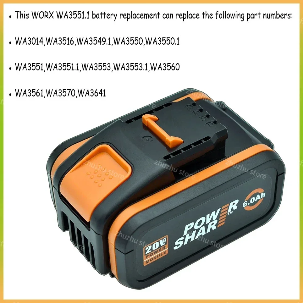 Original Worx 20V 6.0Ah Lithium battery Rechargeable WA3553 WA3553.1 WA3551 WA3570 for All WORX Electric and Garden Tools