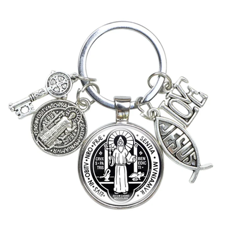 Saint Benedict Medallion Keychain Religious Jewelry I LOVE JESUS Alloy Crafts Charms Domed Glass Catholic San Benito Key Ring