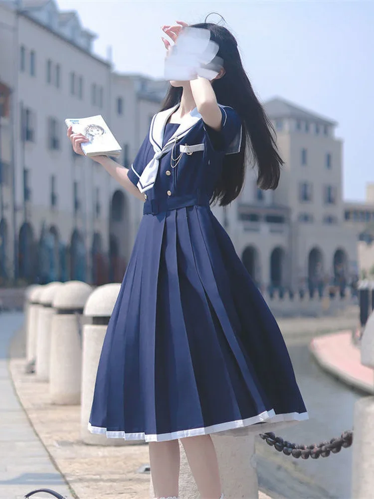 Preppy Sweet Woman Dress Sailor Collar Kawaii Vestidos Female Robe Lolita Dresses Summer Cute Women's JK Kobieta