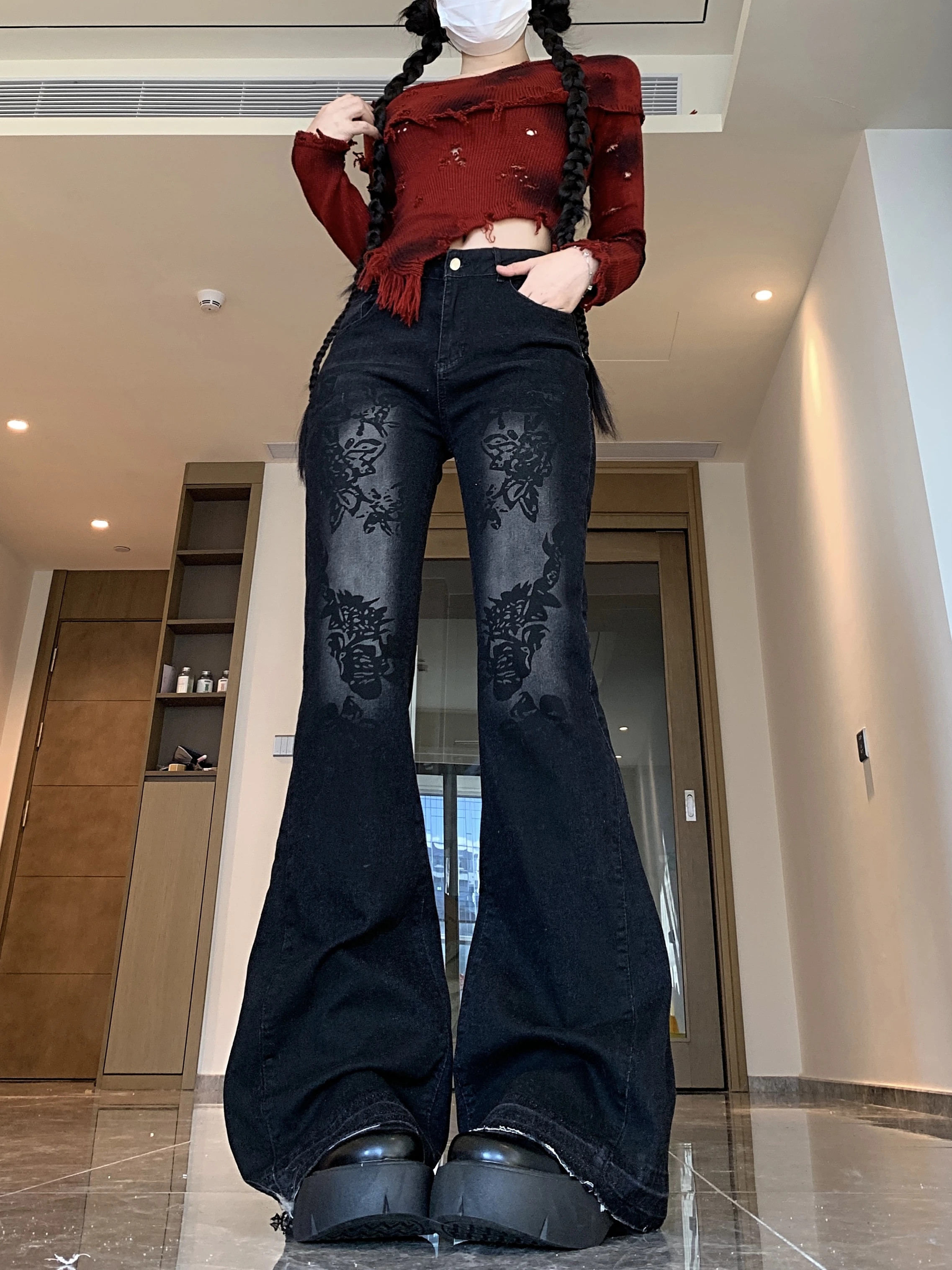 Jeans queimados finos de cintura baixa lavados com estampa de plantas europeias e americanas na moda