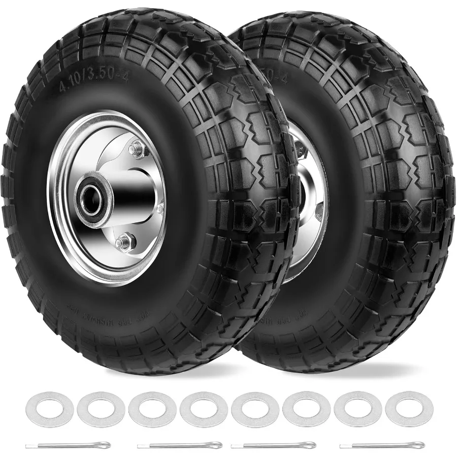 

4.10 3.504 Tires and Wheels Flat Free 10 Inch Solid Tires Replacement with 5 8 Axle Bore Hole 8 Spacers 4 Pins for Cart Garden