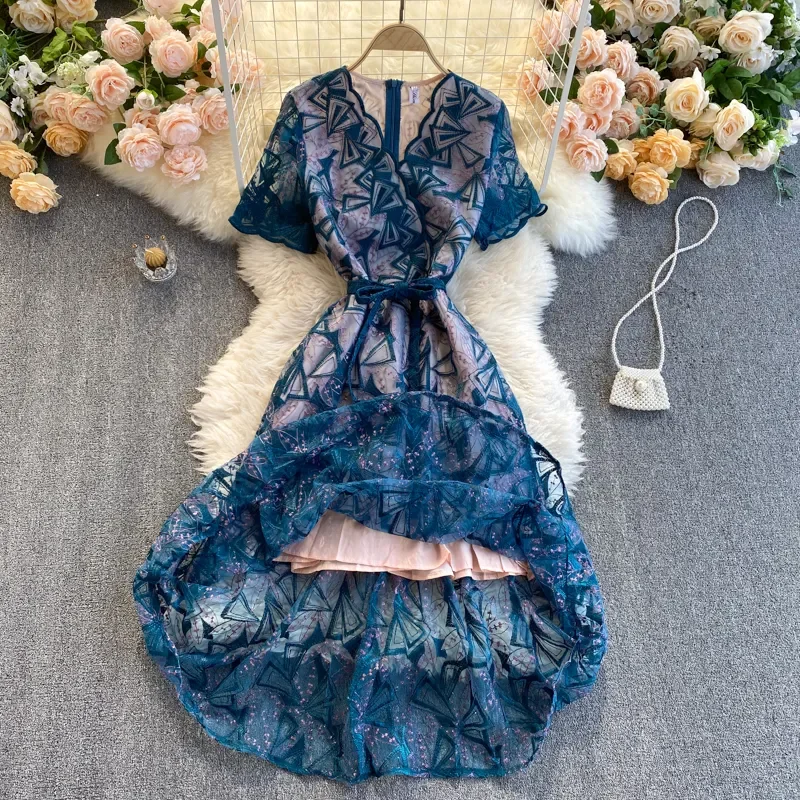 New Vintage Floral Embroidered Short Sleeve Blue Mesh Dress Women Elegant Wavy Edge V Neck Lace-Up Boho Lace Embroidery Vestidos