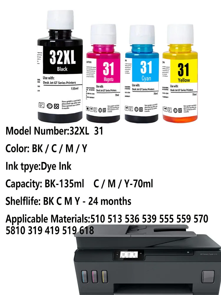 Recharge de bouteilles d'encre 32XL 31, pour imprimante HP 7301 6001 7602 5101 7001 551 651 455 457 450 670 675 720 725 750 755 790 795