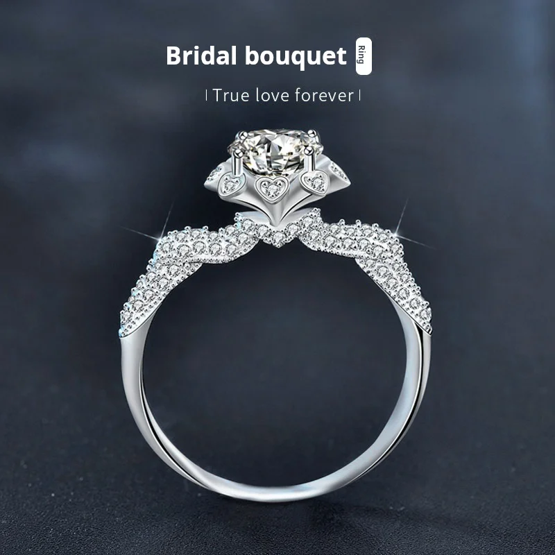 خاتم مخصص من الفضة الإسترليني عيار 925 مع تصميم باقة زهور مرصعة بالألماس – مجوهرات فاخرة خفيفة لهدايا الزفاف