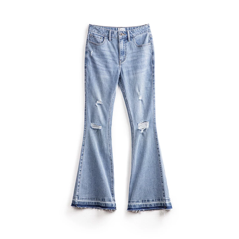 Maden Vintage 9oz Ripped Light Blue Bell-Bottom Jeans for Women's Slim Fit Blue Pants Street Wear Distressed Flared Denim Jeans
