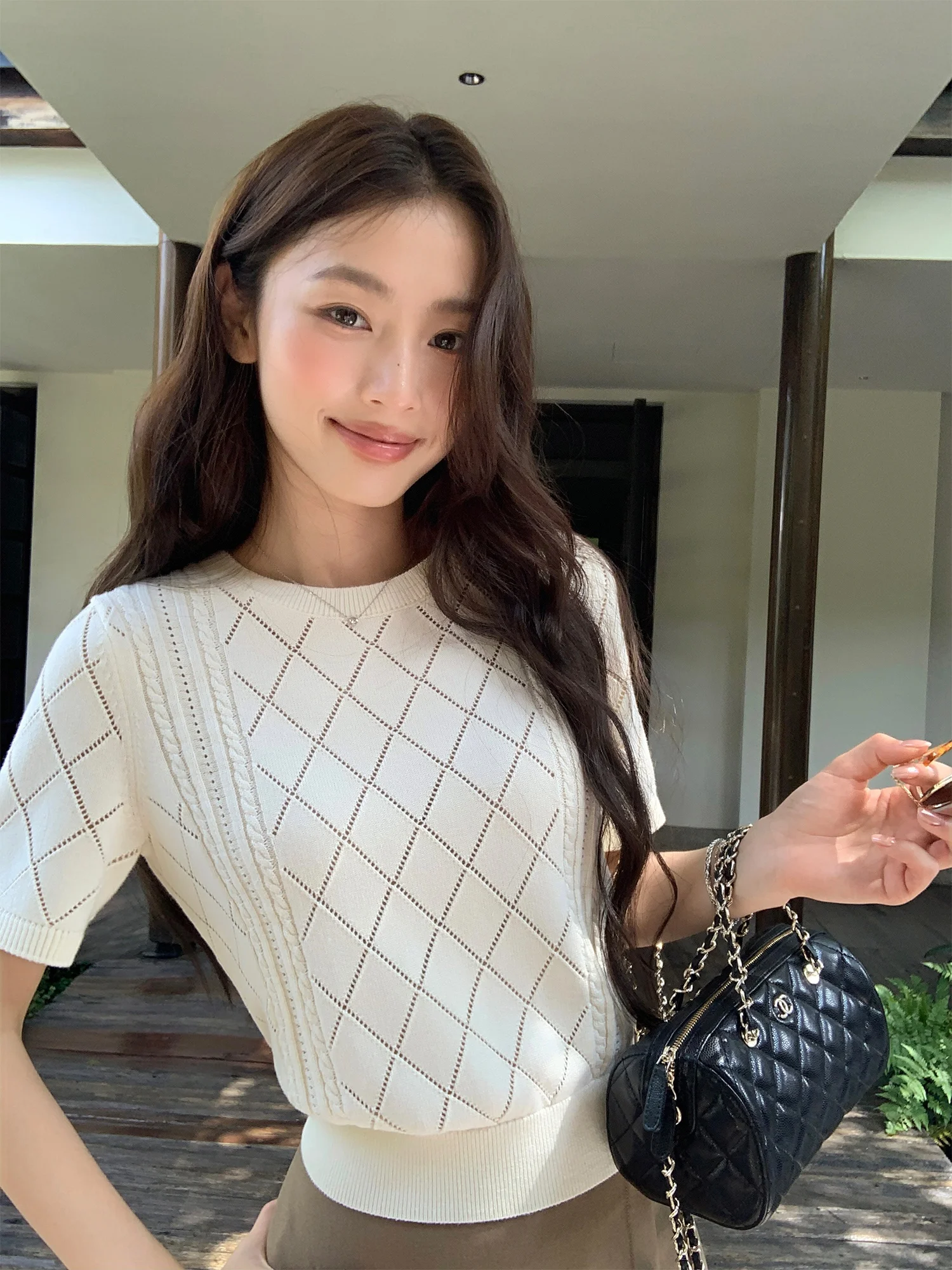 Pusumede Women's Cotton Hollow out Diamond Pattern Short Sleeve Sweater round Neck Top Elegant Minimalist Summer Outfit