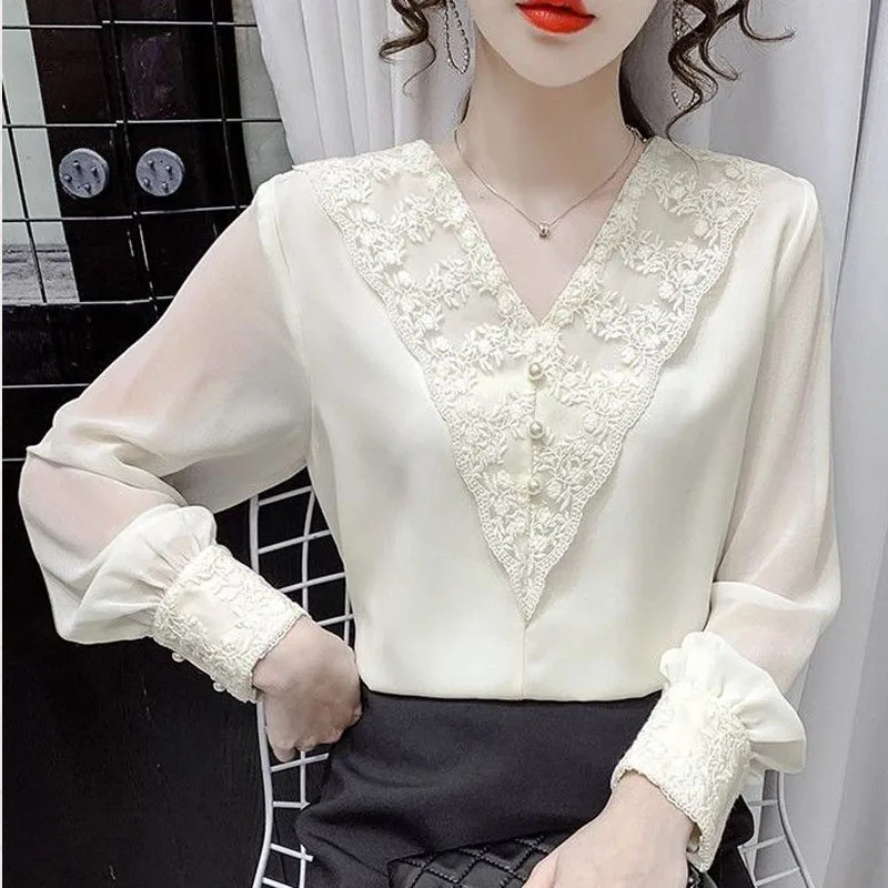 

Fairycore Style V-neck Lace Top Unique Embroidery Lantern Sleeve Thin Chiffon Patchwork Single Piece Set Blouse Pearl Button