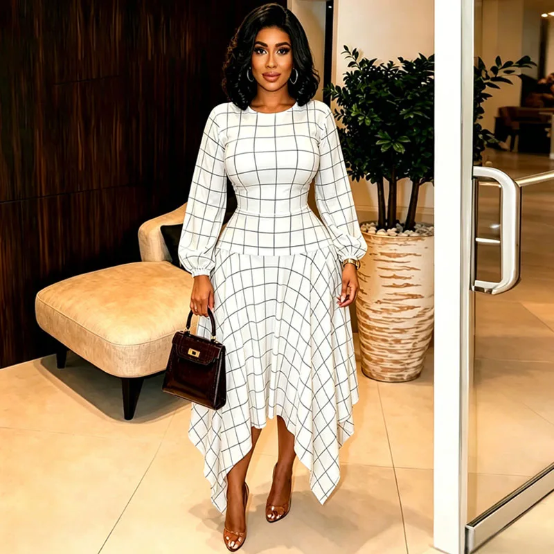 Doyerl Plaid Polka Dot A-line Maxi Dress Woman Spring Autumn Long Sleeve High Waist Irregular Hem Club Party Long Dresses Robe