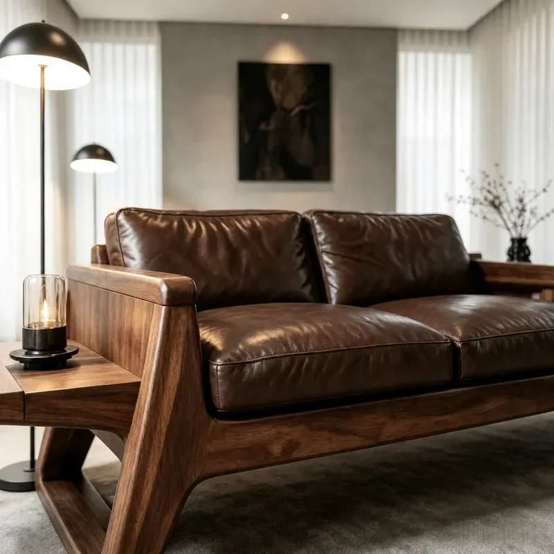 New Chinese Black Walnut Solid Wood Sofa Straight Row 2026 Creative Italian Song Style Aesthetic Leather Option