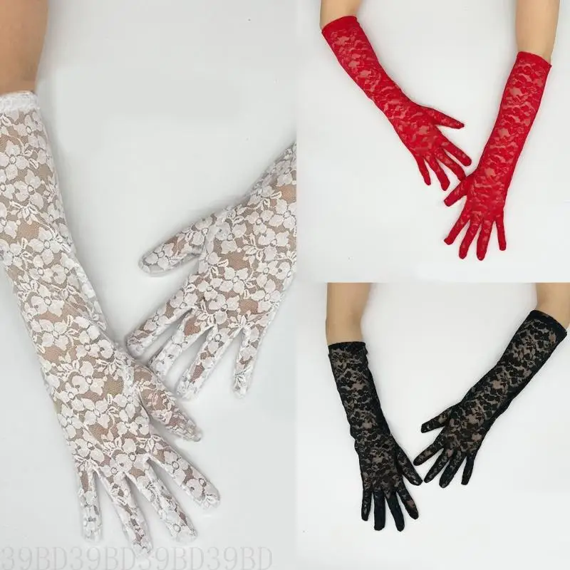 

39BD Lace Gloves Wedding Dancing Gloves Christmas Party Supply Full Finger Stretchy Gloves for Concert Operas