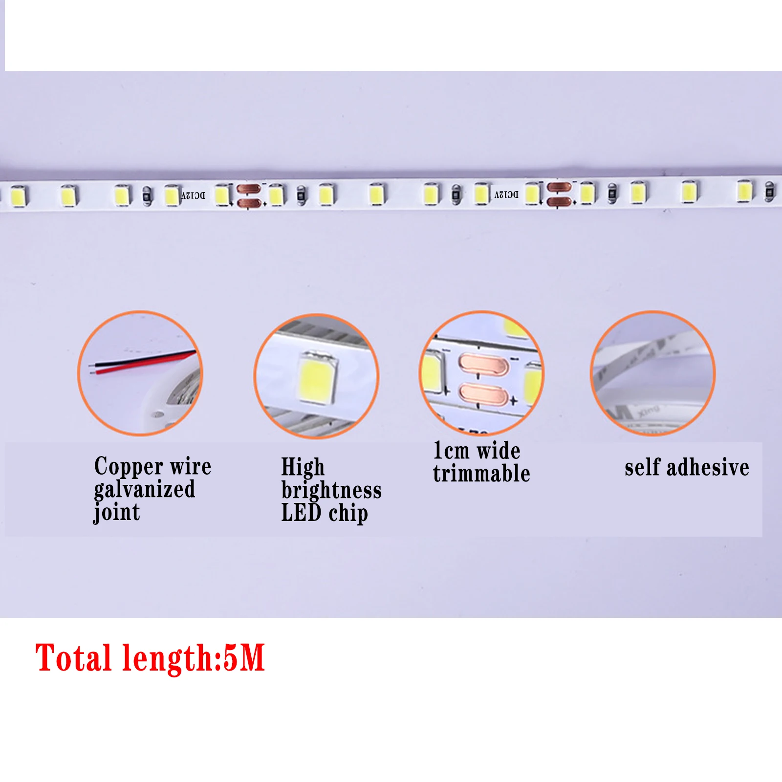 5M LED Strip Lights Waterproof IP67 DC12v Daylight White LED Tape Lighting DIY Cuttable for Bedroom Kitchen Cabinet Shelf