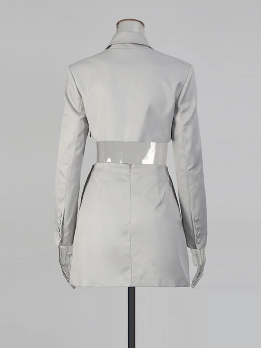 CHICEVER Grayblue أزرار مقسمة قطعتين مجموعة الإناث التلبيب كم طويل سترة تخفيف الفكرية المرأة تنورة مجموعات الموضة #4