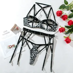 Sexy White Leopard Print Lingerie Set with Steel Ring Women's Sexy Exotic Apparel Suit 2024 New Fashion Hollowed Out Panty Set