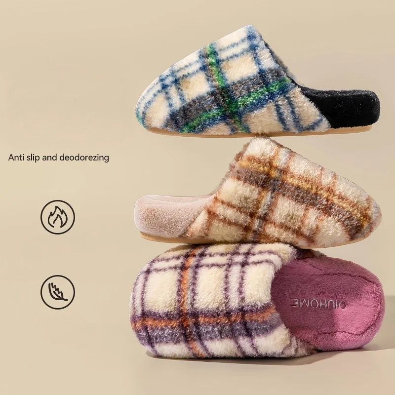 

Men's High-End Plush Cotton Slippers, New Autumn and Winter Indoor Home Slippers with Plush Lining, Warm, Non-Slip, Plaid Cotton Slippers