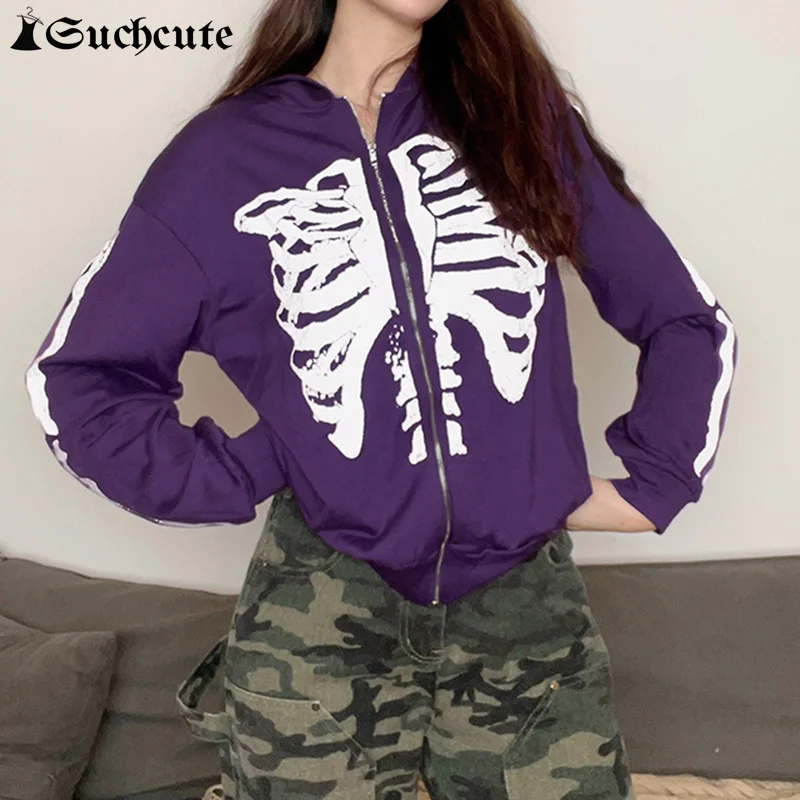 

SUCHCUTE Gothic Sternum Print Jackets Women Dark Academic Hooded Loose Coats Full Sleeve Purple Hoodie Sweatshirt Punk Style 90s