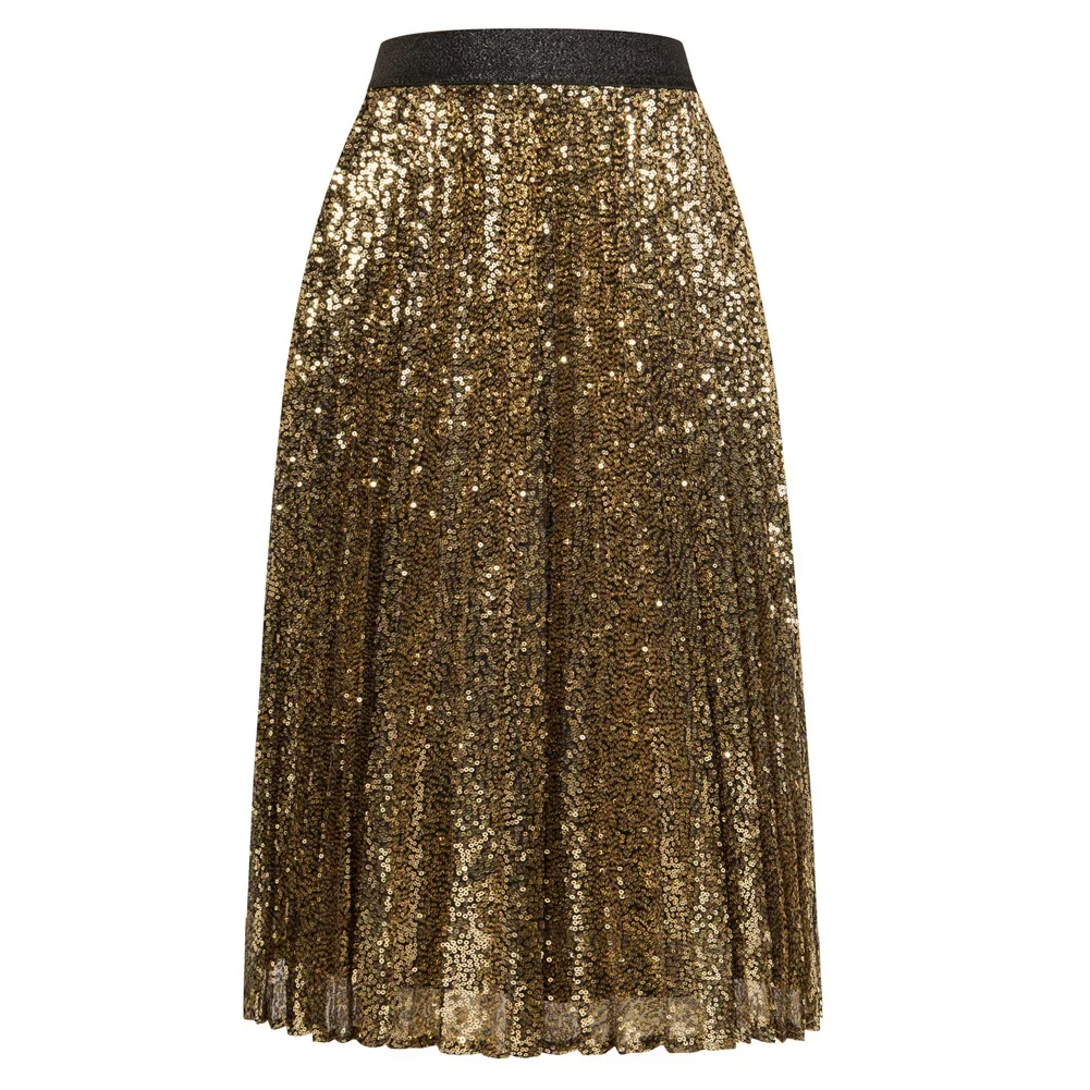 Elastic Waist Pleated Swing Skirt with Sparkling Sequins for Women Sequined Party Skirt Black/Silver/Rose Gold/Dark Gold/Teal