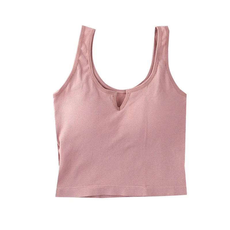 Tank Top Olahraga Mulus Tabung Warna Crop Wanita Seksi dengan Pakaian Dalam Nirkabel Bra dengan Bantalan Rompi Bralette Kamisol V-neck Dalam