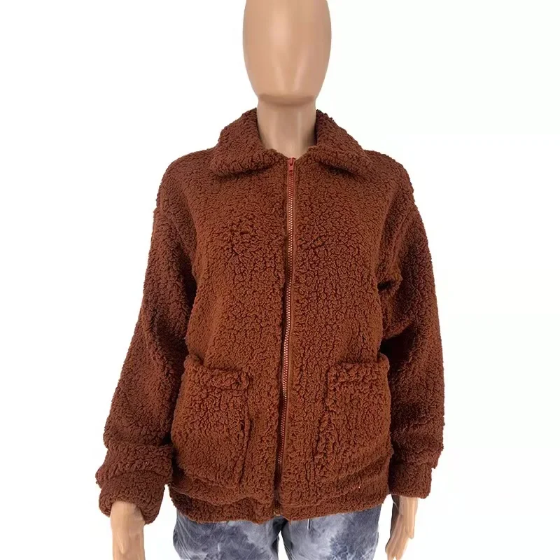 Women's Autumn and Winter Elegant Pocket Coat Leisure Plush Jacket Women's Fleece Cardigan Lapel Loose Solid Color Warm Coat