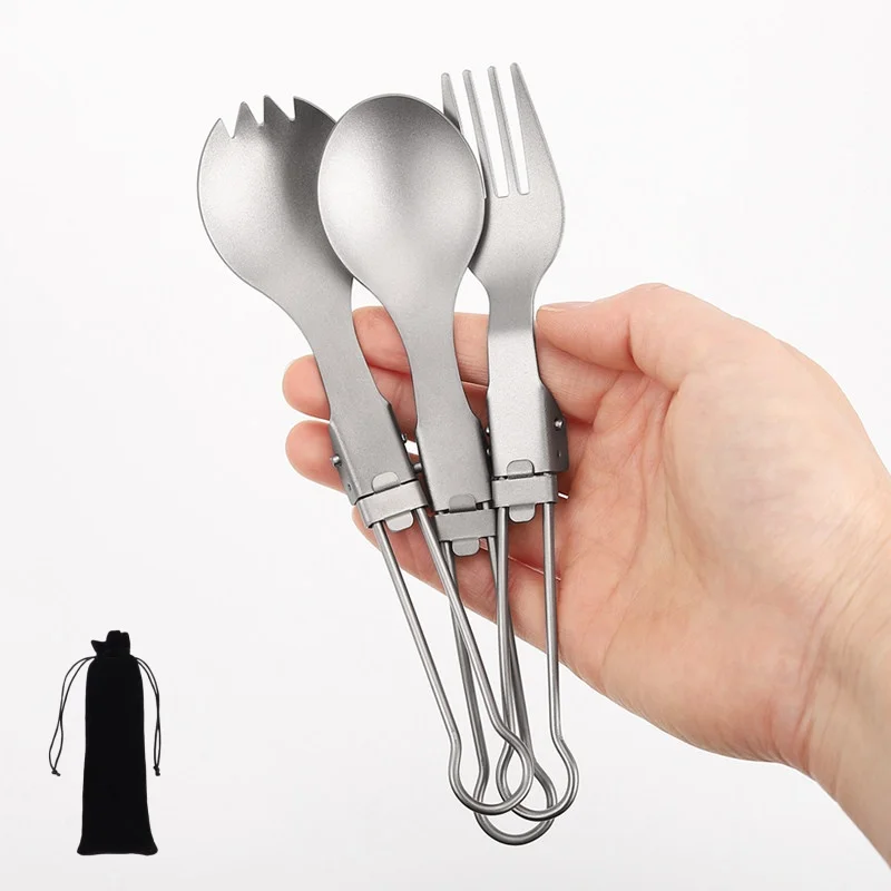 Cuchara y Tenedor Plegable de Titanio, Cuchara para Ensalada, Utensilio Ligero y Portátil para Acampar al Aire Libre, Senderismo, Excursionismo y Viajes