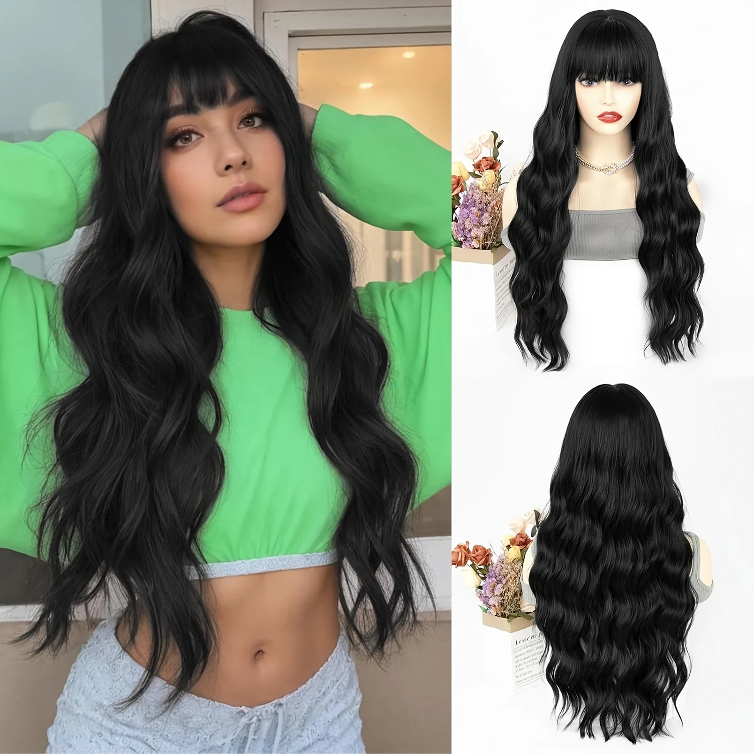 

Black Wig with Bangs, Long Black Synthetic Wig Suitable for Women, Long Curly Wavy Synthetic Wig Suitable for Daily Wear, Cosplay, and Parties