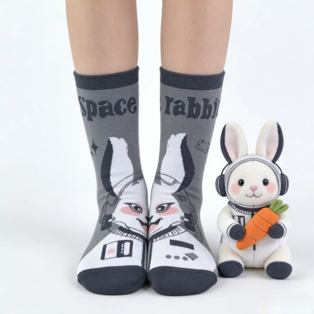 

【1 пара】Очаровательные носки до середины икры с изображением космического кролика-космонавта, подходят для всех сезонов